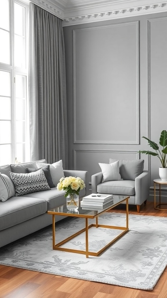 A cozy living room with grey walls, a grey sofa, and a glass coffee table with flowers.