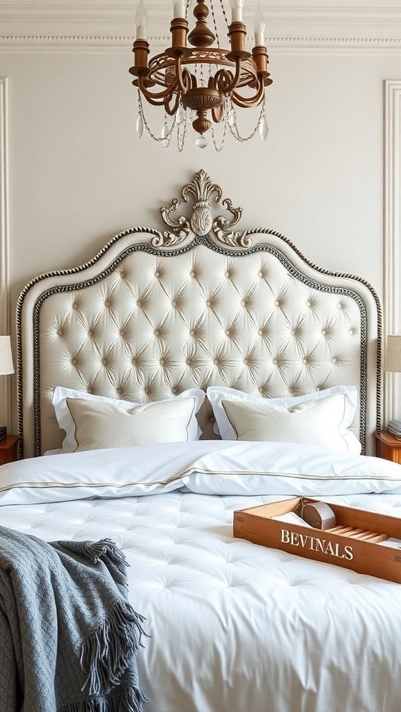 Elegant tufted headboard with chandelier above in a luxurious bedroom setting.