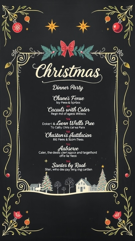 Chalkboard menu for a Christmas dinner party with festive decorations.