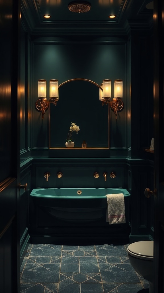 Elegant dark green bathroom with brass lighting fixtures and a stylish bathtub.