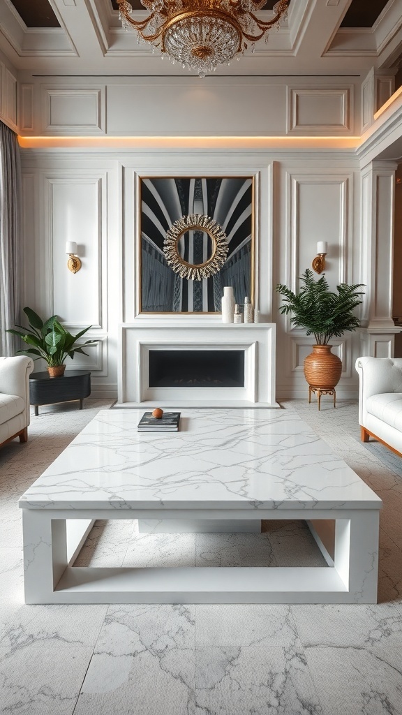 A stylish living room featuring a white marble coffee table, elegant chandelier, and modern decor.
