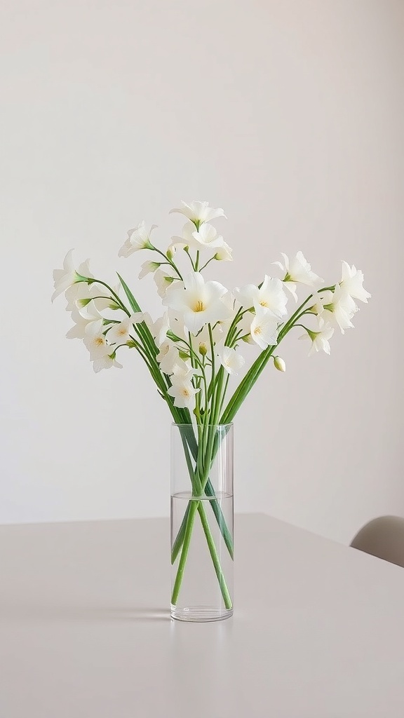 A clear vase with white flowers on a dining table.