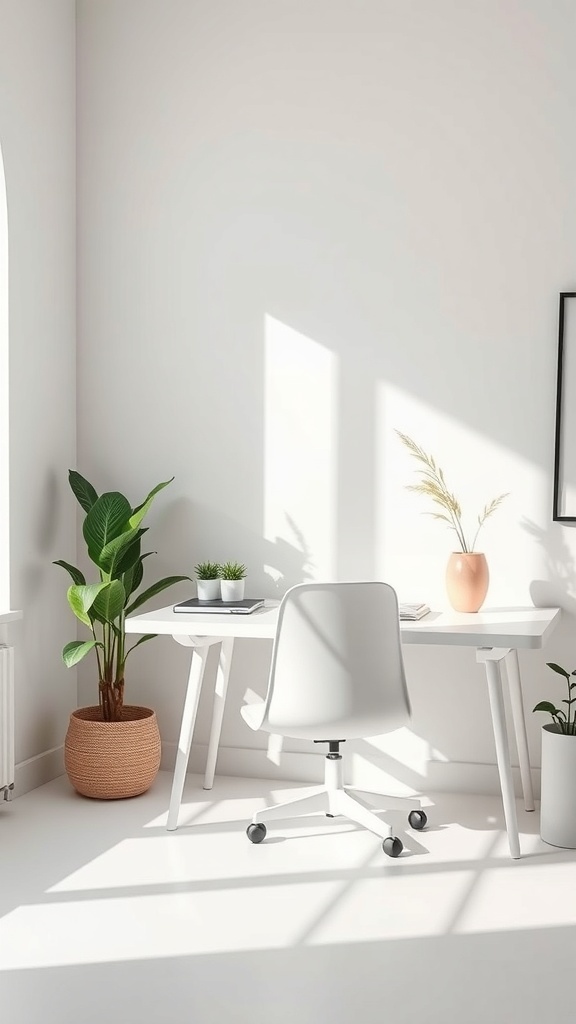 A bright and minimalist home office featuring a white desk, a comfortable chair, and potted plants.