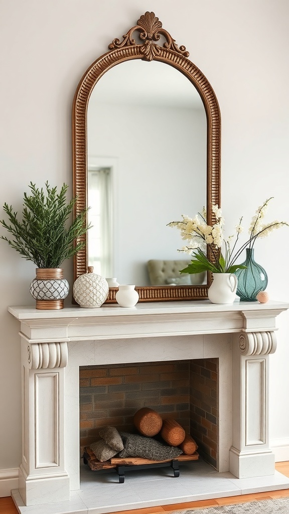 A beautifully decorated mantel with an ornate mirror, vases, and greenery.