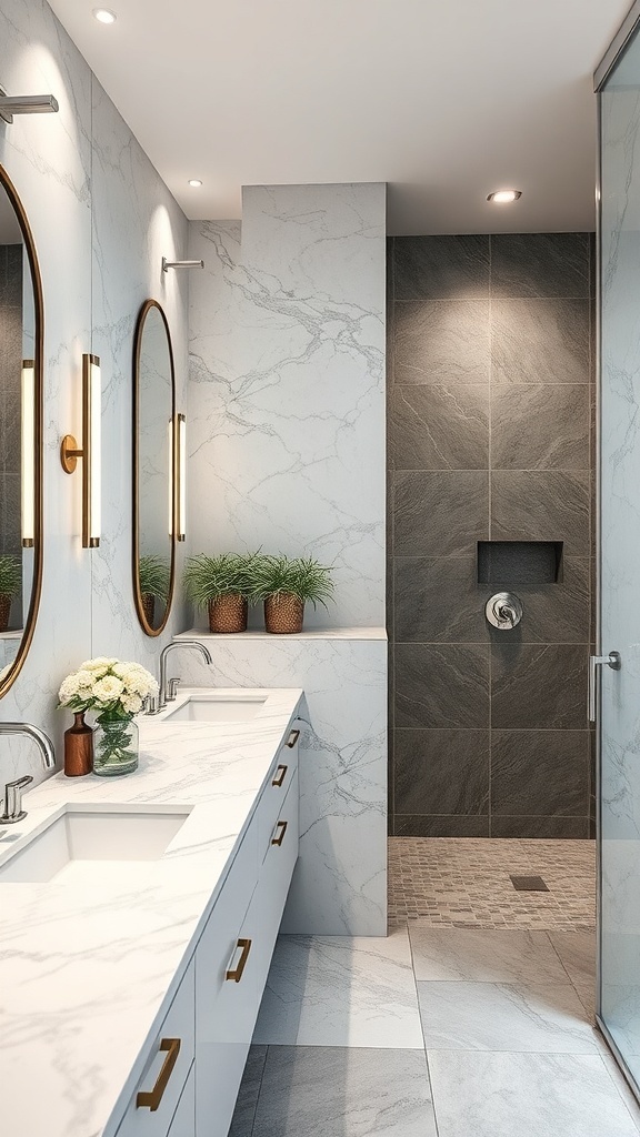 A modern bathroom featuring elegant natural stone elements, including a marble countertop and slate shower wall.