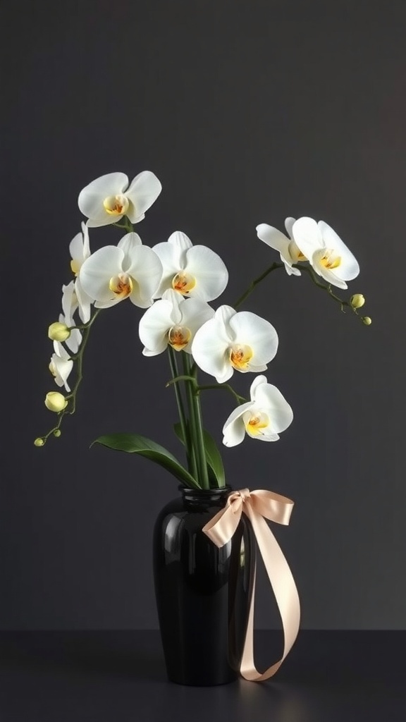 A beautiful arrangement of white orchids in a black vase with a soft ribbon.