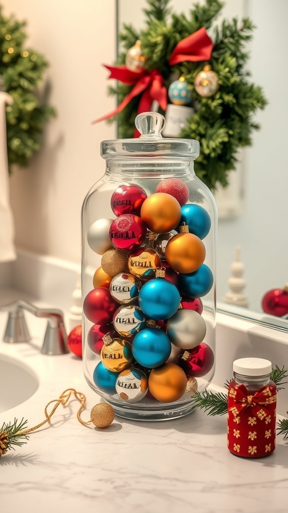 A glass jar filled with colorful Christmas ornaments, placed on a bathroom countertop with festive decor in the background.