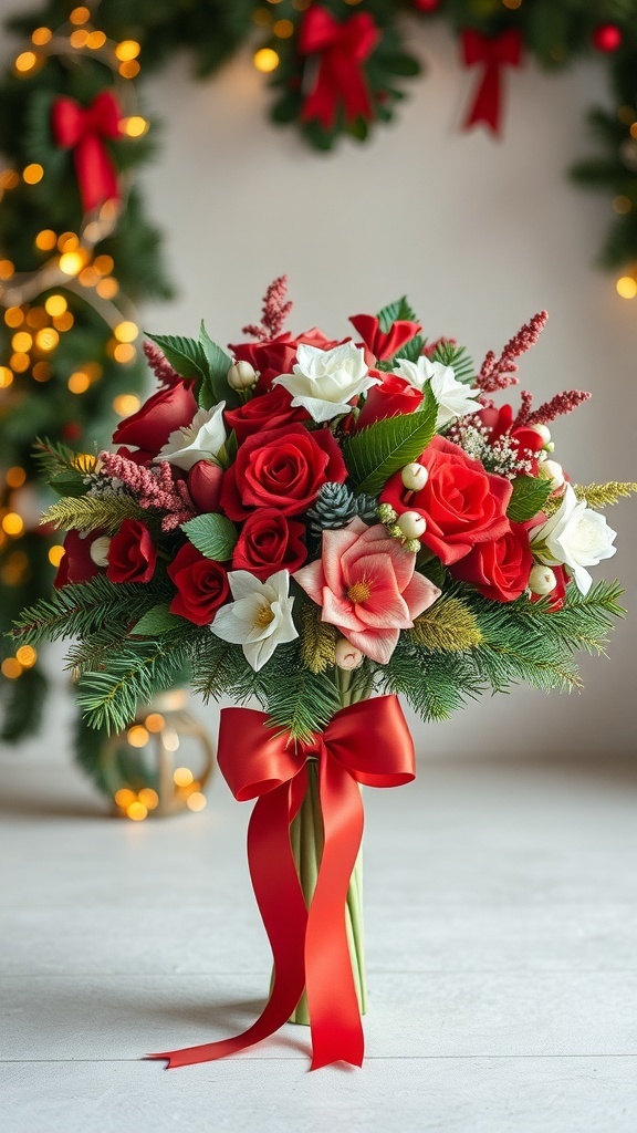 A festive floral arrangement featuring red roses, white lilies, and greenery, tied with a large red ribbon bow.