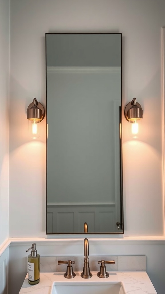 A modern bathroom with a sleek mirror and stylish sconces providing warm lighting.