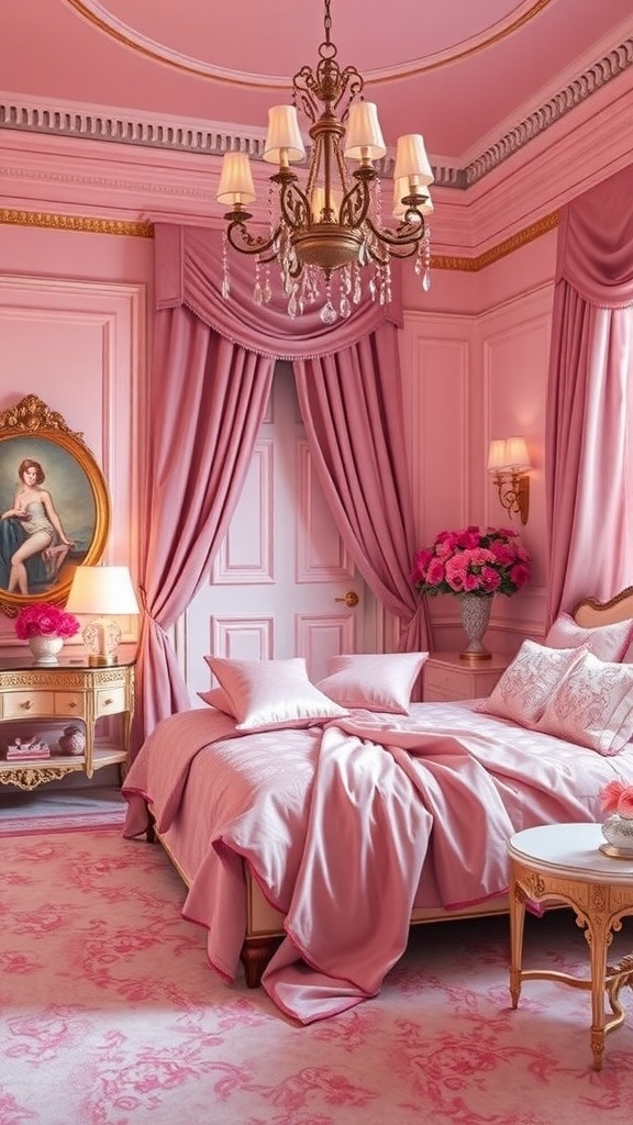 A beautifully decorated pink bedroom featuring rose-colored walls, elegant furniture, and a chandelier.