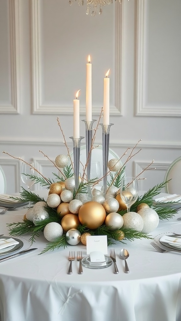 A festive table centerpiece featuring silver and gold ornaments, candles, and greenery.