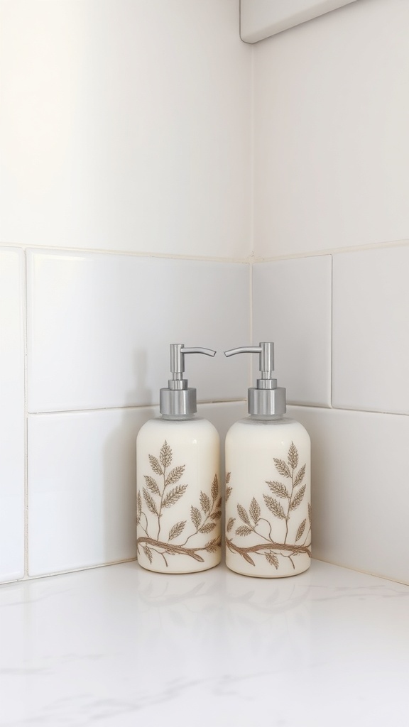 Two elegant soap and lotion dispensers with a leaf design in a kitchen corner.