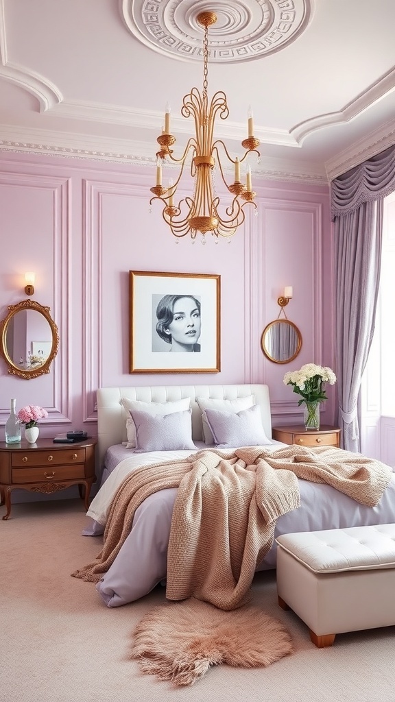 A beautifully decorated bedroom featuring soft lavender walls, elegant furnishings, and a warm chandelier.