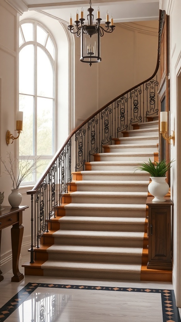 Elegant staircase with wooden steps, carpet, and intricate iron railing, illuminated by a chandelier.