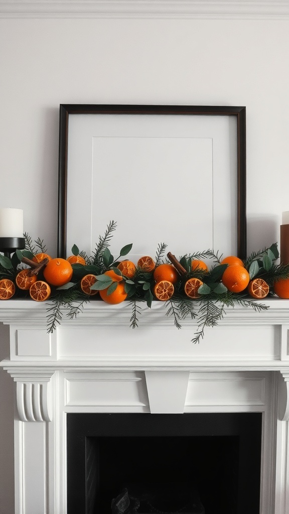 A garland made of oranges, dried orange slices, and greenery on a white mantel.