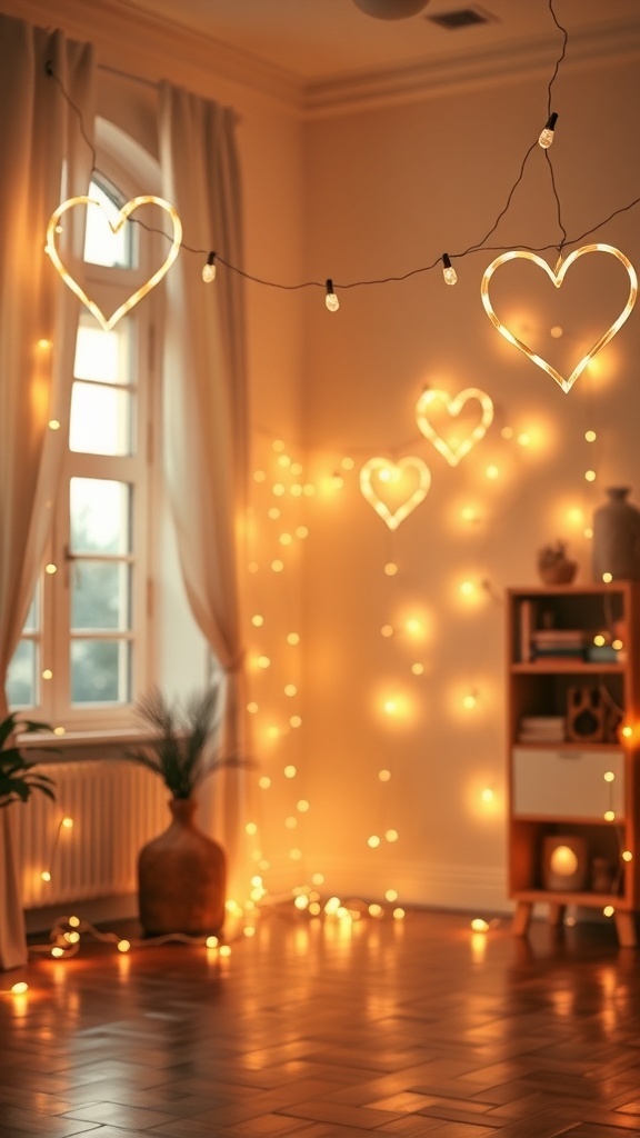 A cozy room with heart-shaped string lights hanging, creating a warm atmosphere