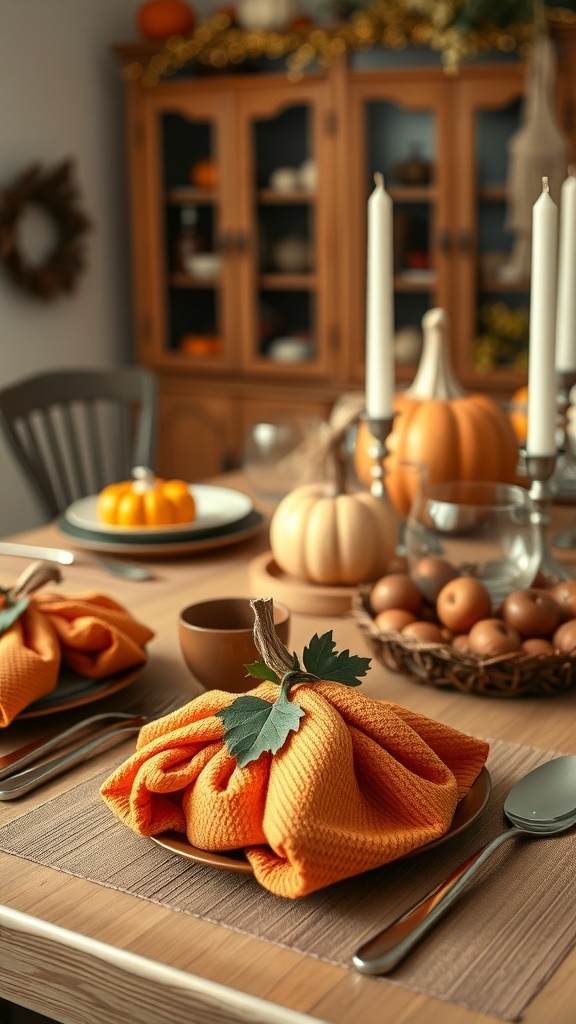 Table setting with pumpkin-themed cotton towels as napkins, featuring a cozy autumn decor