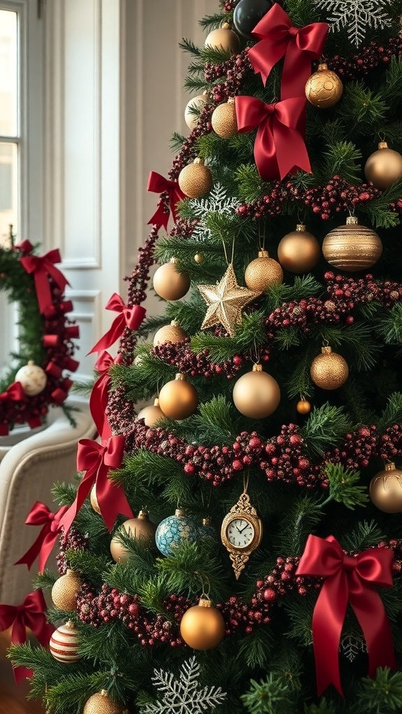 A beautifully decorated Christmas tree with red ribbons, gold ornaments, and berry garlands, embodying a Ralph Lauren-inspired holiday aesthetic.