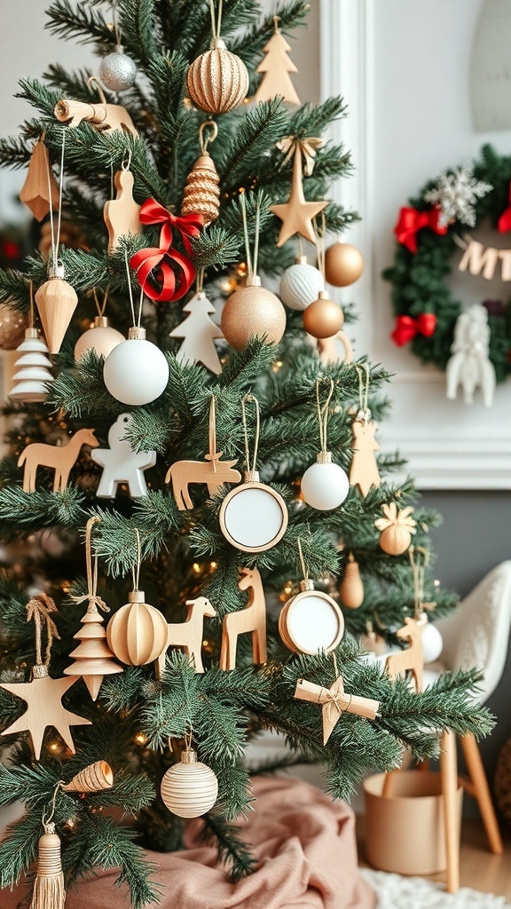 A beautifully decorated Christmas tree with sparse ornaments, featuring wooden, glass, and paper decorations in neutral colors.