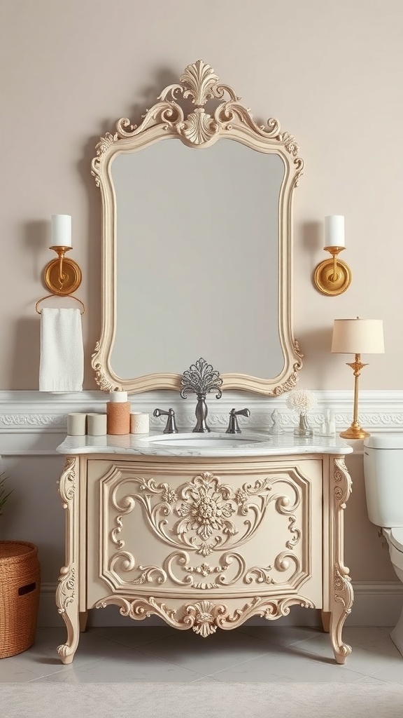 Elegant bathroom vanity with ornate mirror and gold accents