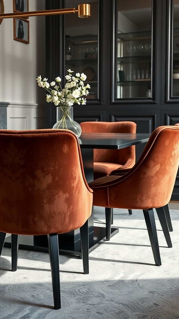 A modern dining room featuring elegant velvet dining chairs in earthy orange, a sleek black table, and minimalist pendant lighting.