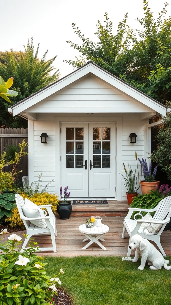 A charming white garden studio with double doors, surrounded by greenery and a cozy seating area.