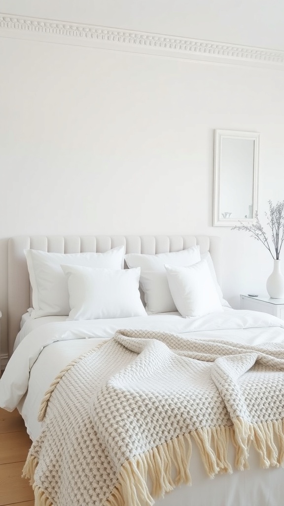 A serene white bedroom featuring a plush bed with white pillows and a textured blanket, complemented by a mirror and a delicate vase.