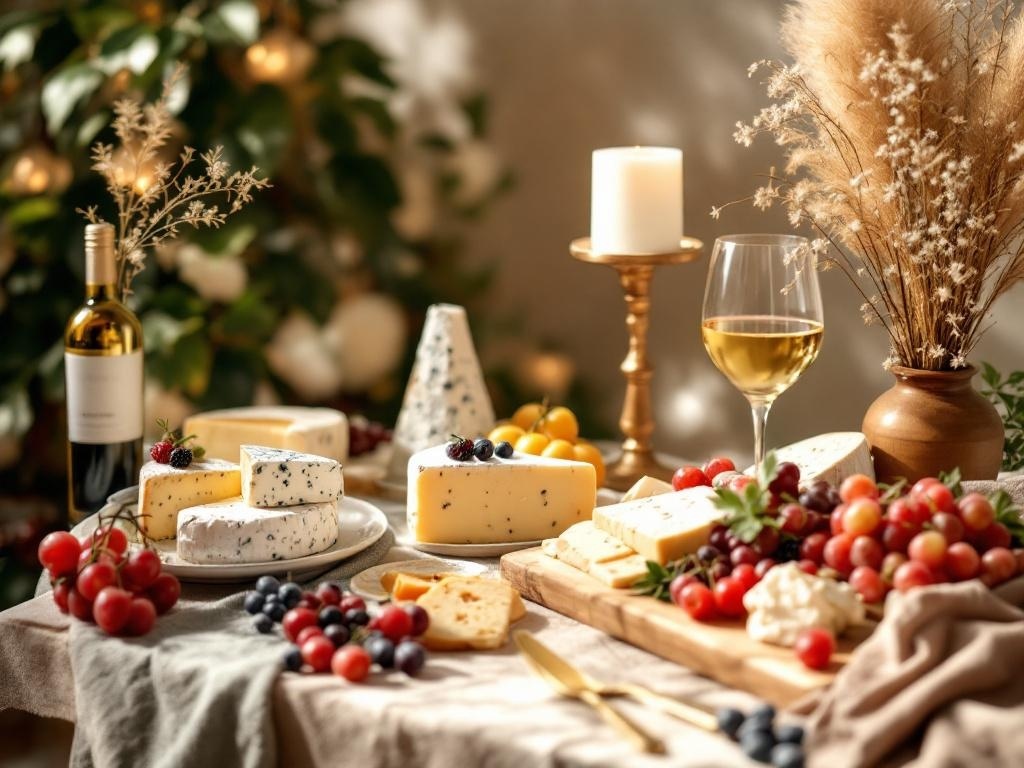 A beautifully arranged table featuring various cheeses, fresh fruits, a glass of white wine, and decorative elements like a candle and dried flowers.