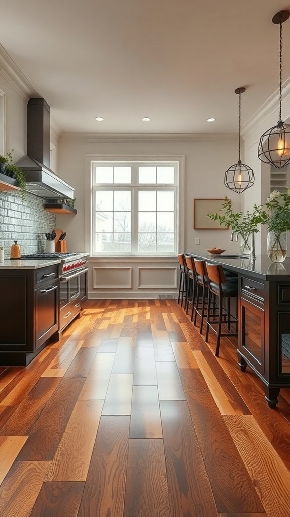 A modern kitchen with elegant wood flooring, black cabinetry, and natural light.