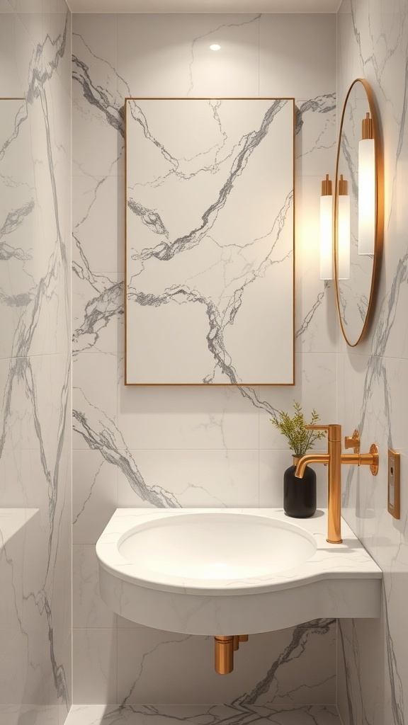 A luxurious powder room featuring marble walls, a sculptural sink, and gold fixtures.