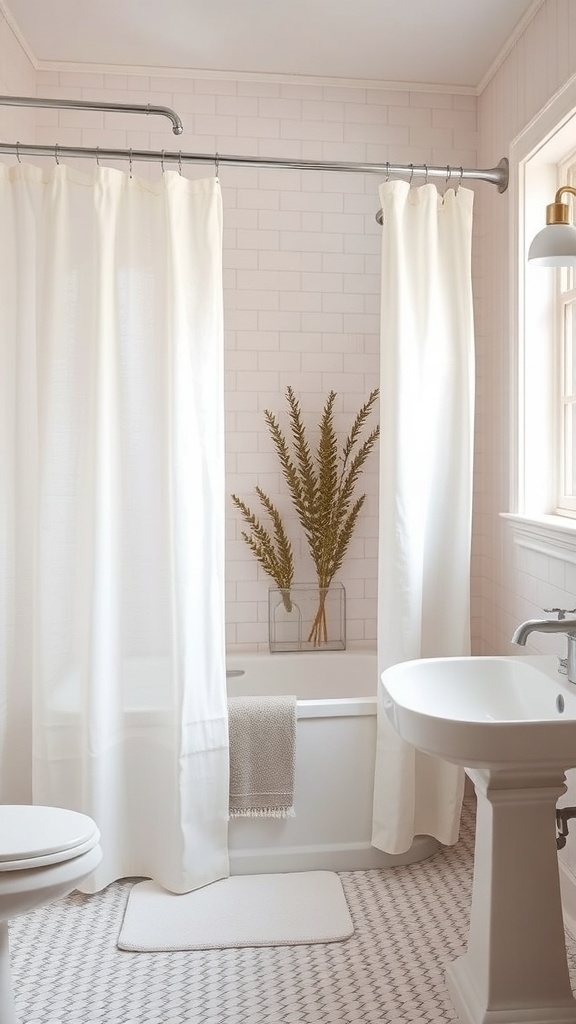 A stylish bathroom featuring a white shower curtain, a small vase with plants, and a clean aesthetic.