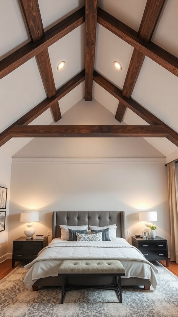 A modern bedroom featuring elevated wooden beams on the ceiling, creating a warm and inviting atmosphere.