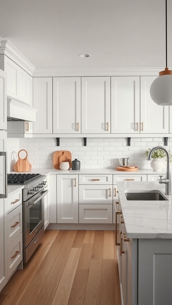A modern kitchen featuring white oak cabinets and a marble countertop, showcasing a blend of warmth and elegance.