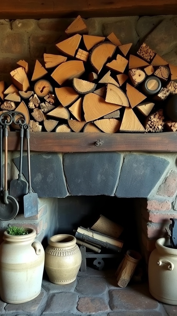 A rustic fireplace with stacked firewood, antique stoneware pots, and wrought iron tools.