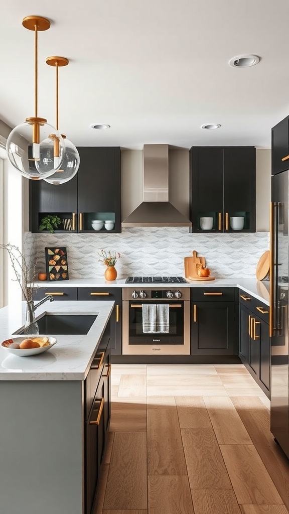 A modern kitchen featuring soft matte blue cabinetry, warm wood accents, and fluted glass doors.