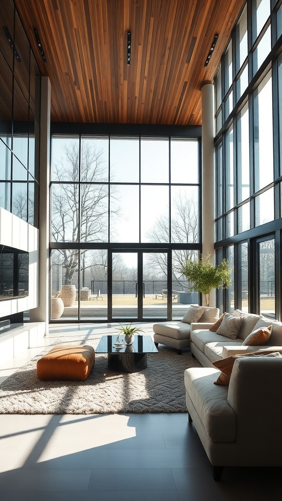 Modern living room with large windows, glass coffee table, and minimalistic decor.