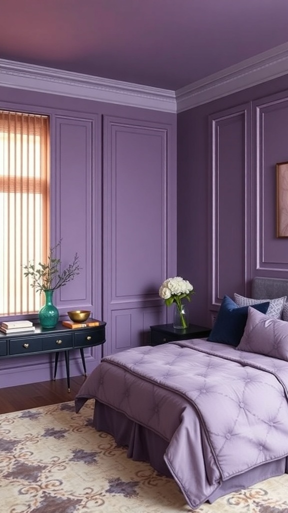 A mauve bedroom featuring jewel tone accents, including dark blue pillows and furniture.
