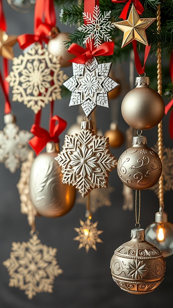 A collection of beautifully crafted embossed foil holiday ornaments hanging from a Christmas tree, featuring snowflakes and round shapes in gold and silver tones with red ribbons.