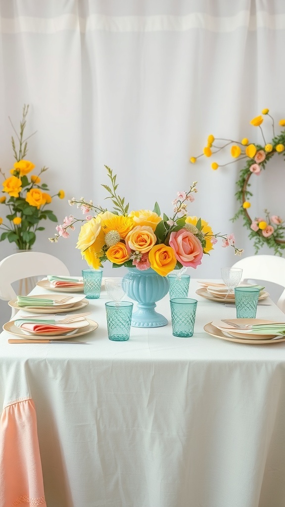 A spring table setting with pastel colors, featuring a floral centerpiece and aqua glasses.
