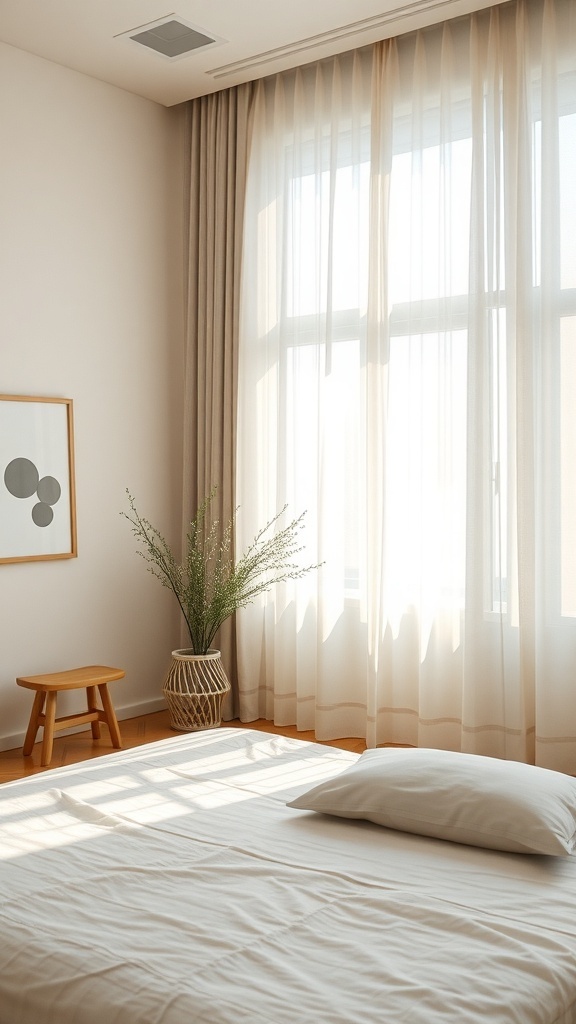 A minimalist bedroom with soft neutral colors, natural light, and simple decor.