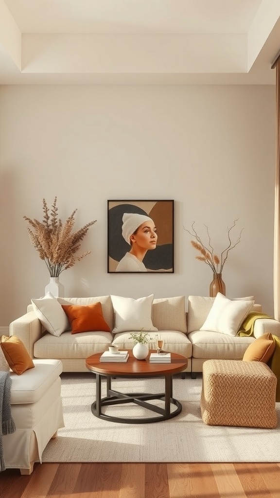 A cozy living room with a cream sofa, warm wood accents, and earthy throw pillows.
