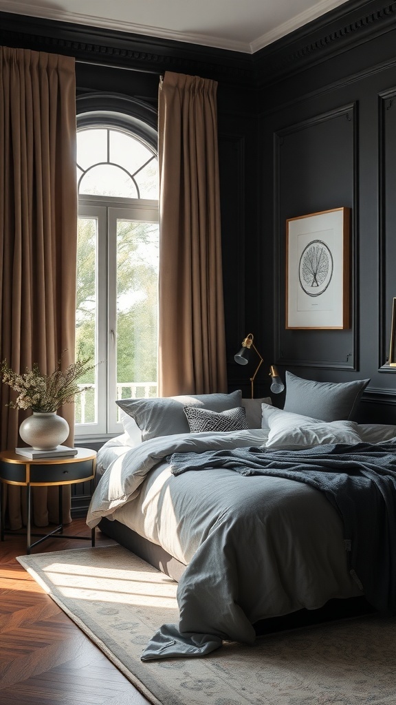 A dark feminine bedroom with black walls, warm beige curtains, and a cozy bed setup.
