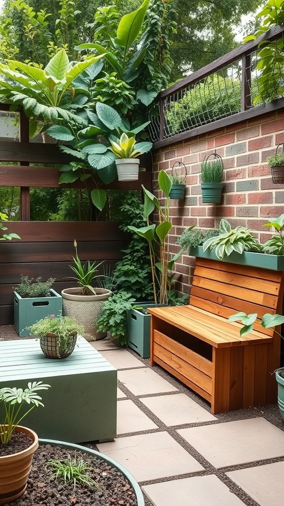 A small backyard featuring a wooden bench with storage, various potted plants, and a cozy layout.