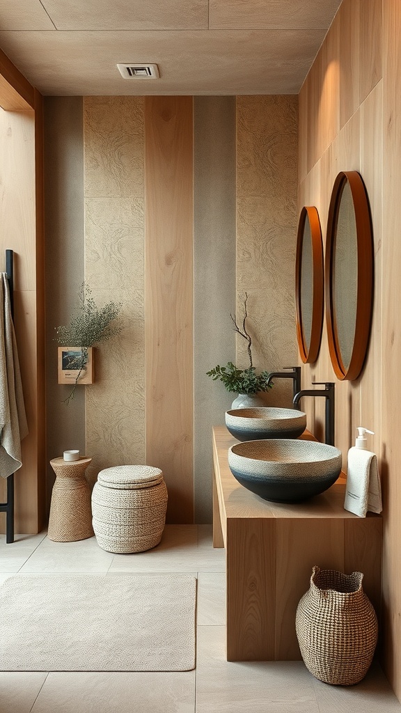 A modern bathroom featuring natural materials like wood, stone sinks, and woven baskets, creating a calming and serene atmosphere.