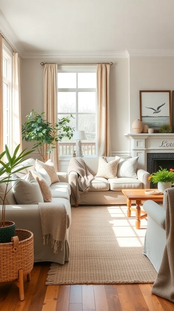 A warm farmhouse living room featuring neutral tones, textured fabrics, and natural elements.