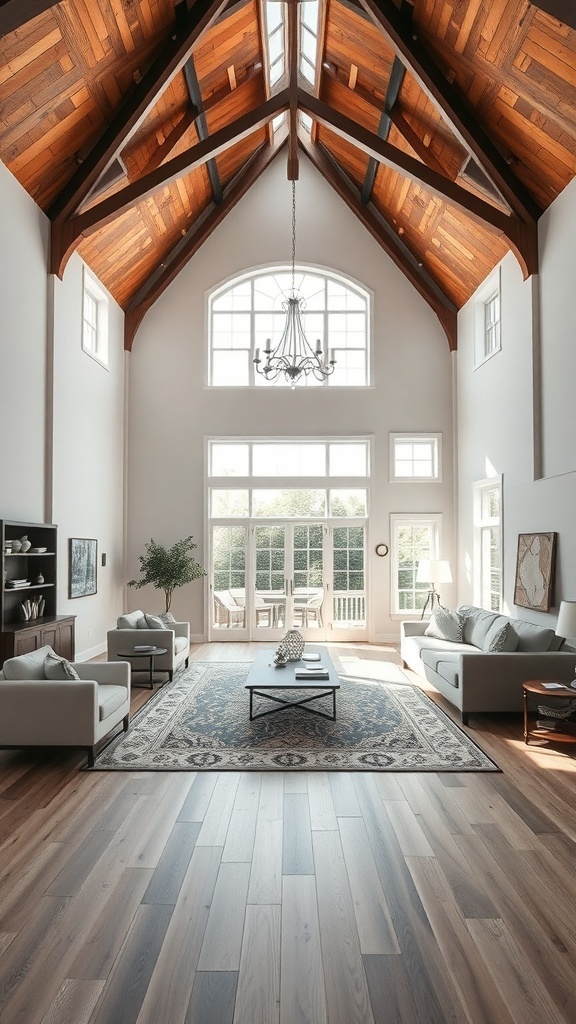 A spacious living room with cathedral ceilings, featuring a chandelier, large windows, and a cozy seating arrangement.