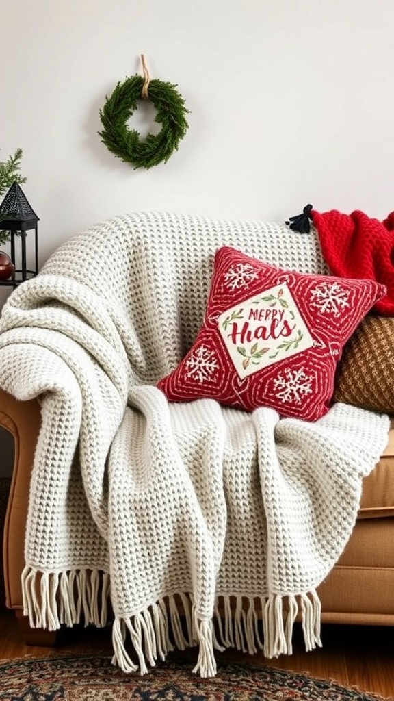 Cozy living room setup with a knitted throw and decorative cushions