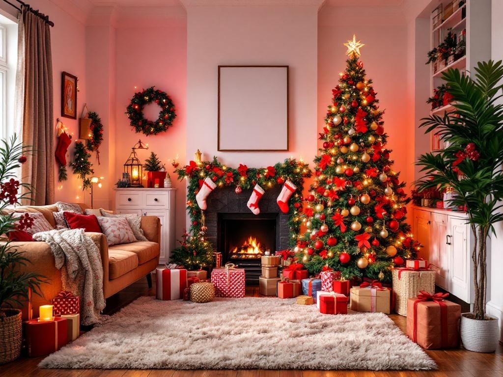 A cozy living room decorated for Christmas with a vibrant tree, colorful gifts, and warm lighting.