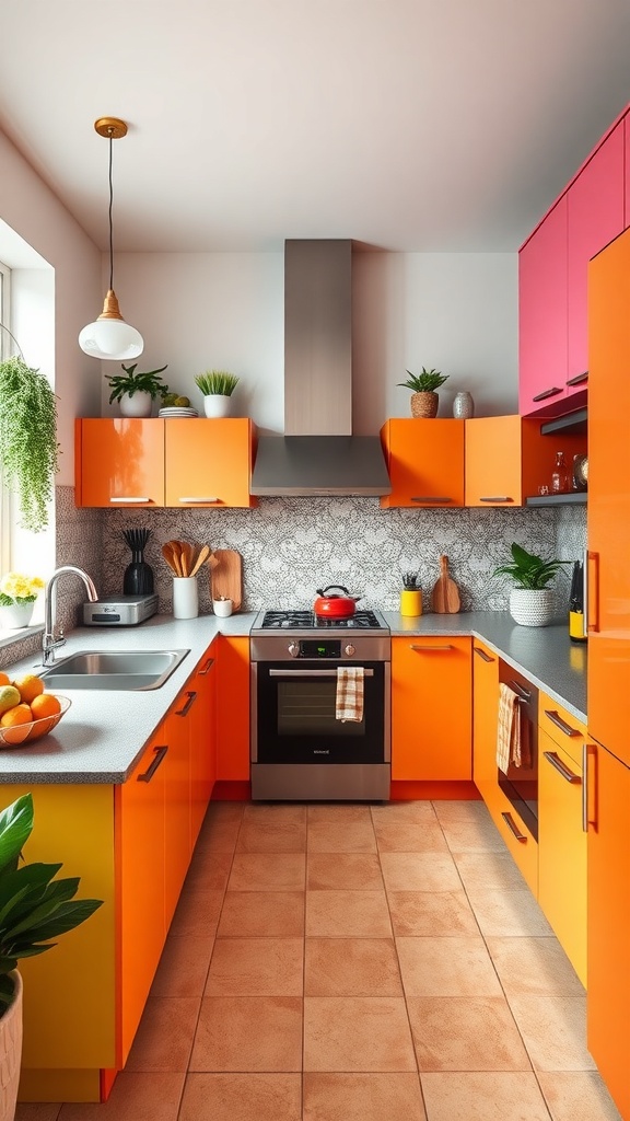 A vibrant kitchen featuring bold orange and pink cabinets, with a modern design and natural elements.