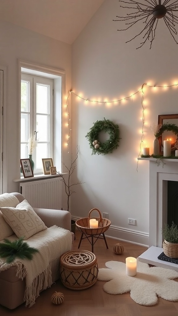 A cozy Scandinavian-inspired living room decorated for Christmas with soft lighting, natural textures, and minimal decor.